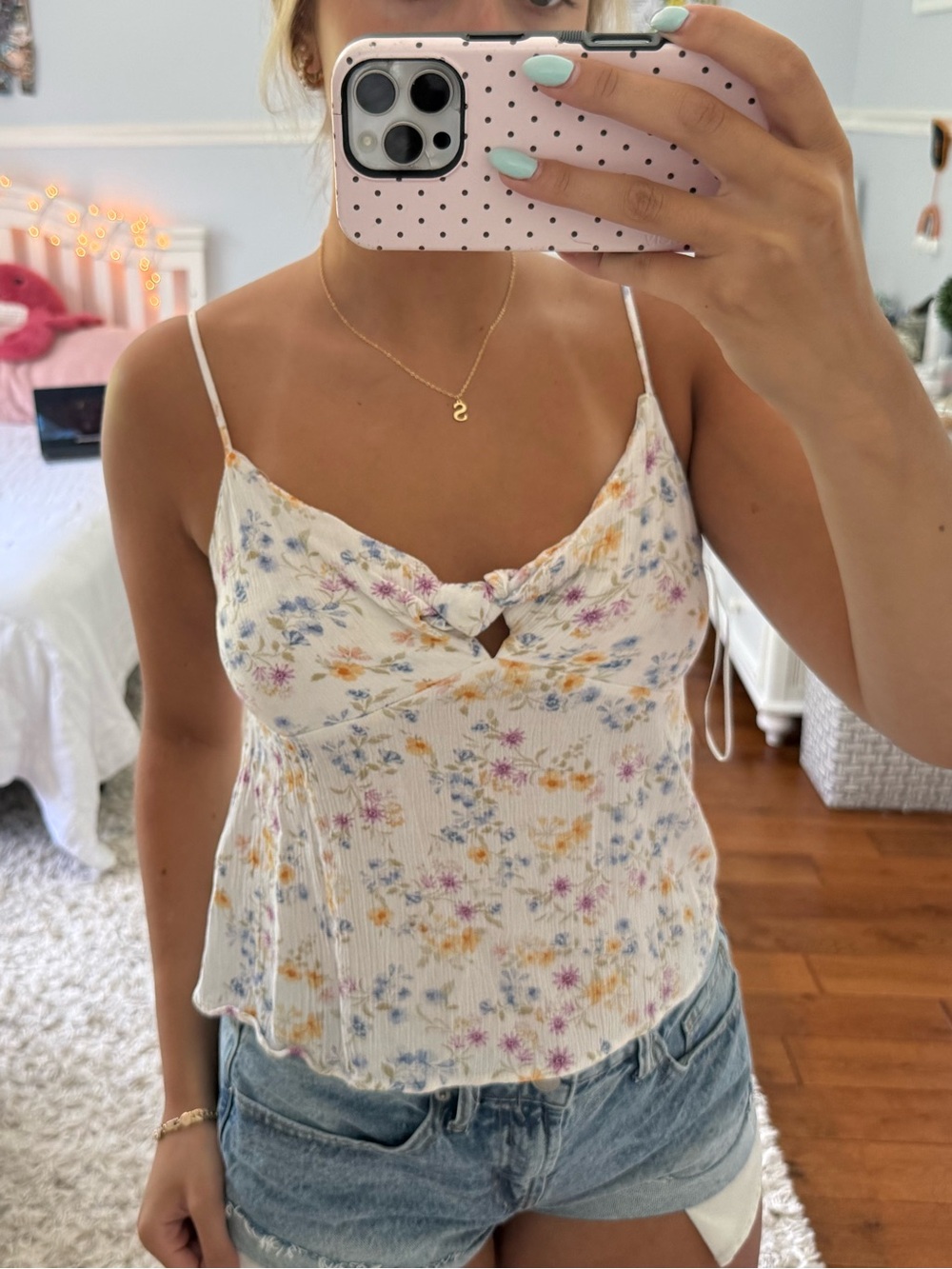 Pink Rose White Floral Tie-Front Camisole